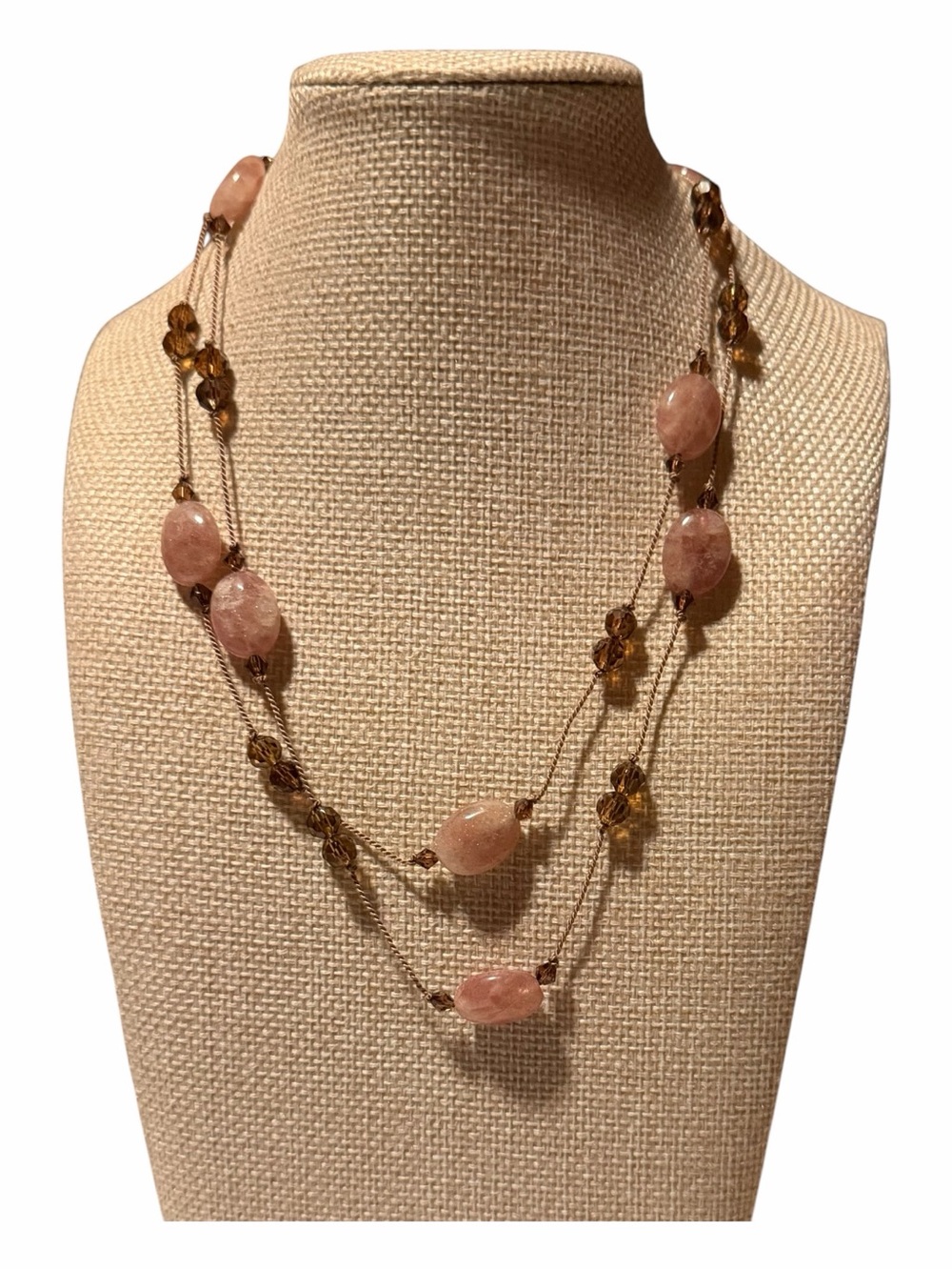 Long Pink Stone and Bead Necklace